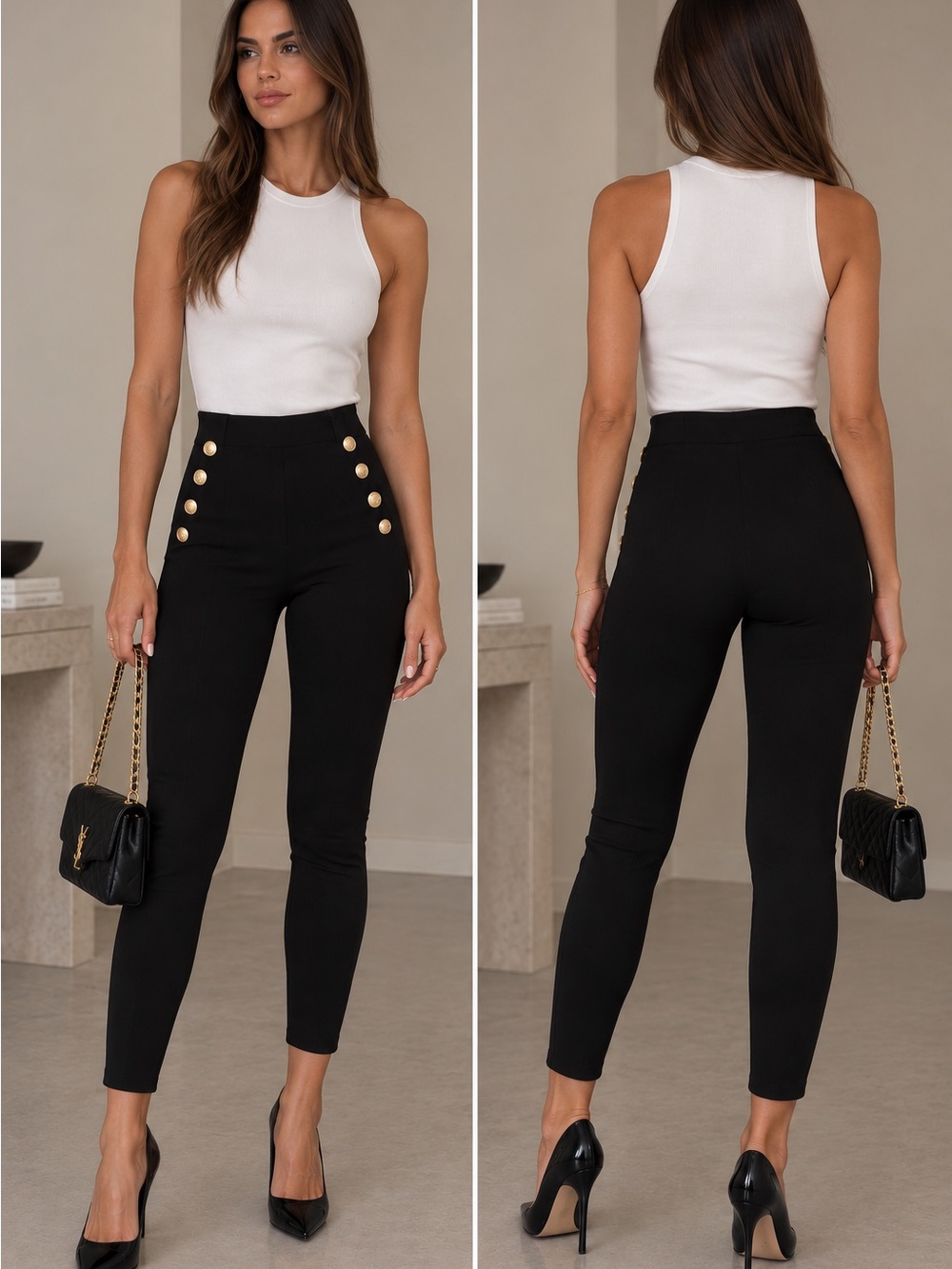 High-Waist Button Front Black Slim Pants